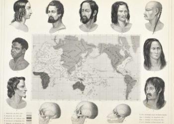 Carte du XIXe siècle
des cinq « races » de
l’humanité, d’après
J. F. Blumenbach,
1851 (H. Winkles, J. G. Heck / Wikimédia Commons)