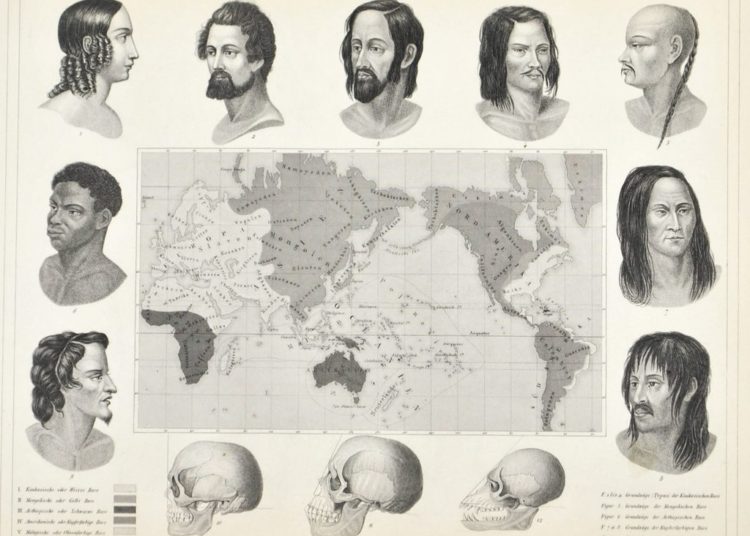 Carte du XIXe siècle
des cinq « races » de
l’humanité, d’après
J. F. Blumenbach,
1851 (H. Winkles, J. G. Heck / Wikimédia Commons)