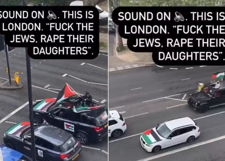 Captures d’une vidéo diffusée sur Twitter montrant des activistes pro-palestiniens traversant le quartier juif de Finchley Road, à Londres, et diffusant des slogans antisémites, en mai 2021, à la suite des affrontements entre le Hamas et l’armée israélienne. (Tweet du 16 mai 2021 du compte @gunnerpunner)