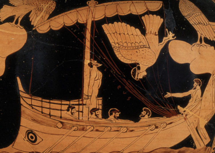 Ulysse et les sirènes. Détail d’un stamnos attique vers 480-470 av. J.-C. (DR)