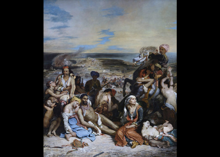 Scènes des massacres de Scio, huile sur toile d'Eugène Delacroix, 1824. Ce massacre (25000 morts, 45.000 Grecs vendus comme esclaves) fut perpétré par les Ottomans contre la population grecque de l’île de Chios, en avril 1822, pendant la guerre d’indépendance grecque.