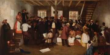Les racismes dits « de couleur », étudiés dans les programmes scolaires via des configurations historiques révolues, s’incarnent dans des figures absentes de l’environnement des élèves, comme celles des esclavagistes. Ci-dessus un tableau de Lefevre James Cranstone de 1862 représentant une vente aux enchères d’esclaves en Virginie. (Wikimedia Commons)