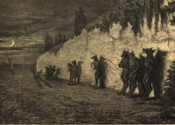 Des loups-garous adossés nuitamment au mur d'un cimetière. Lithographie de Maurice Sand, extraite des Légendes rustiques de George Sand, Paris, Bibliothèque des Arts décoratifs, 1858 (Wikipédia)