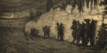 Des loups-garous adossés nuitamment au mur d'un cimetière. Lithographie de Maurice Sand, extraite des Légendes rustiques de George Sand, Paris, Bibliothèque des Arts décoratifs, 1858 (Wikipédia)