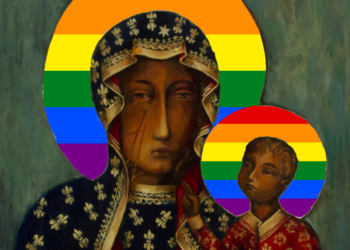 La Vierge noire à l'enfant de Częstochowa redécorée aux couleurs LGBT. (Wikimedia commons)