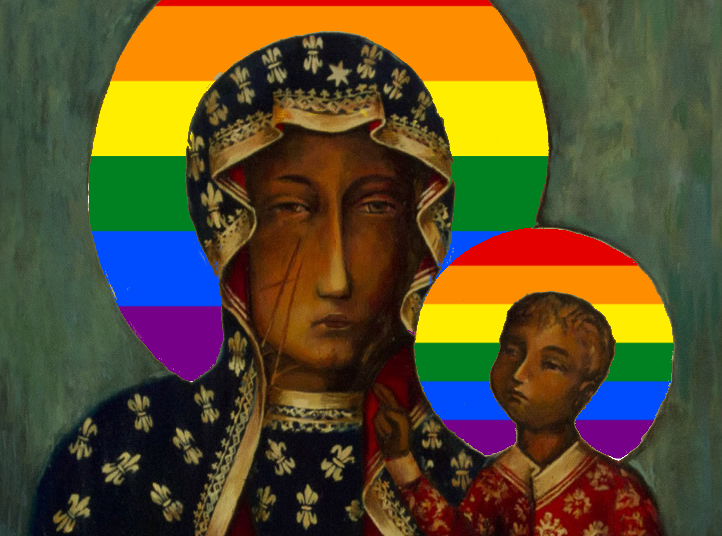 La Vierge noire à l'enfant de Częstochowa redécorée aux couleurs LGBT. (Wikimedia commons)
