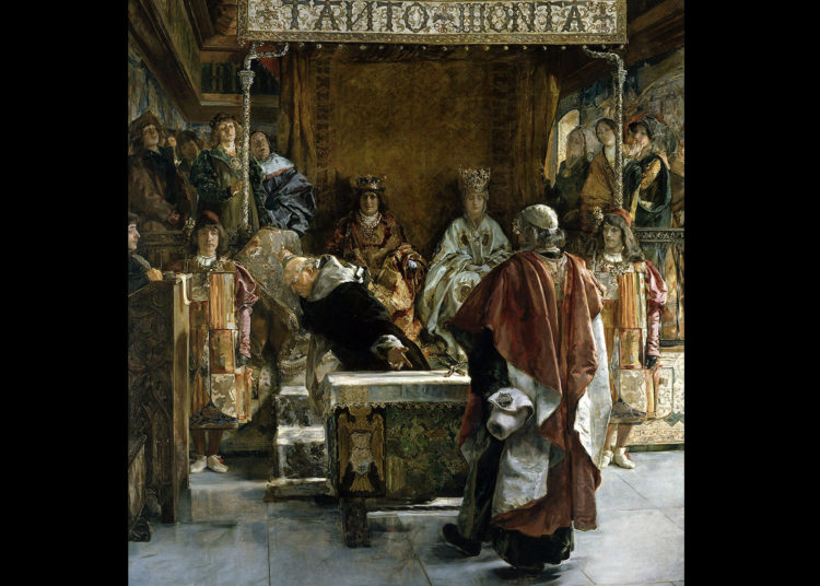 Expulsion des Juifs d'Espagne (1492), Emilio Sala y Francés, 1889 : Torquemada offre aux rois catholiques l'édit d'expulsion des Juifs d'Espagne contre leur signature (Wikipédia)
